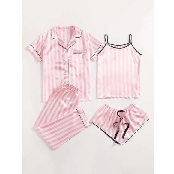 Satin Pink Stripes 4 Piece Pajamas Set - Picture 8 of 16